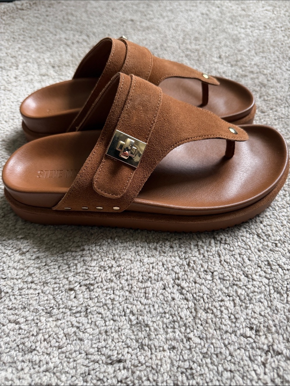 Steve Madden Tan Suede Platform Thong Sandals with Gold Accent